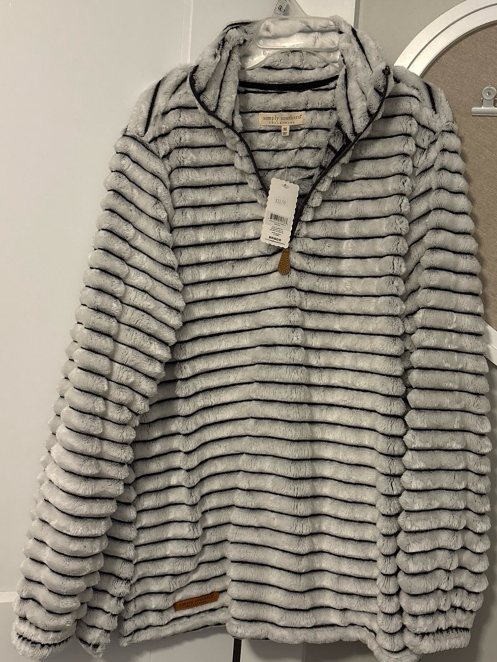 Simply Southern Gray and Black Striped Faux-Fur Pullover Teddy Jacket